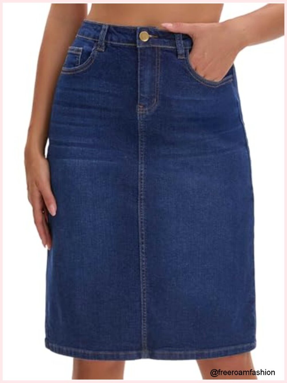 High Waist Denim Skirt with Back Slit, Stretch Below Knee Pencil Skirt for Women